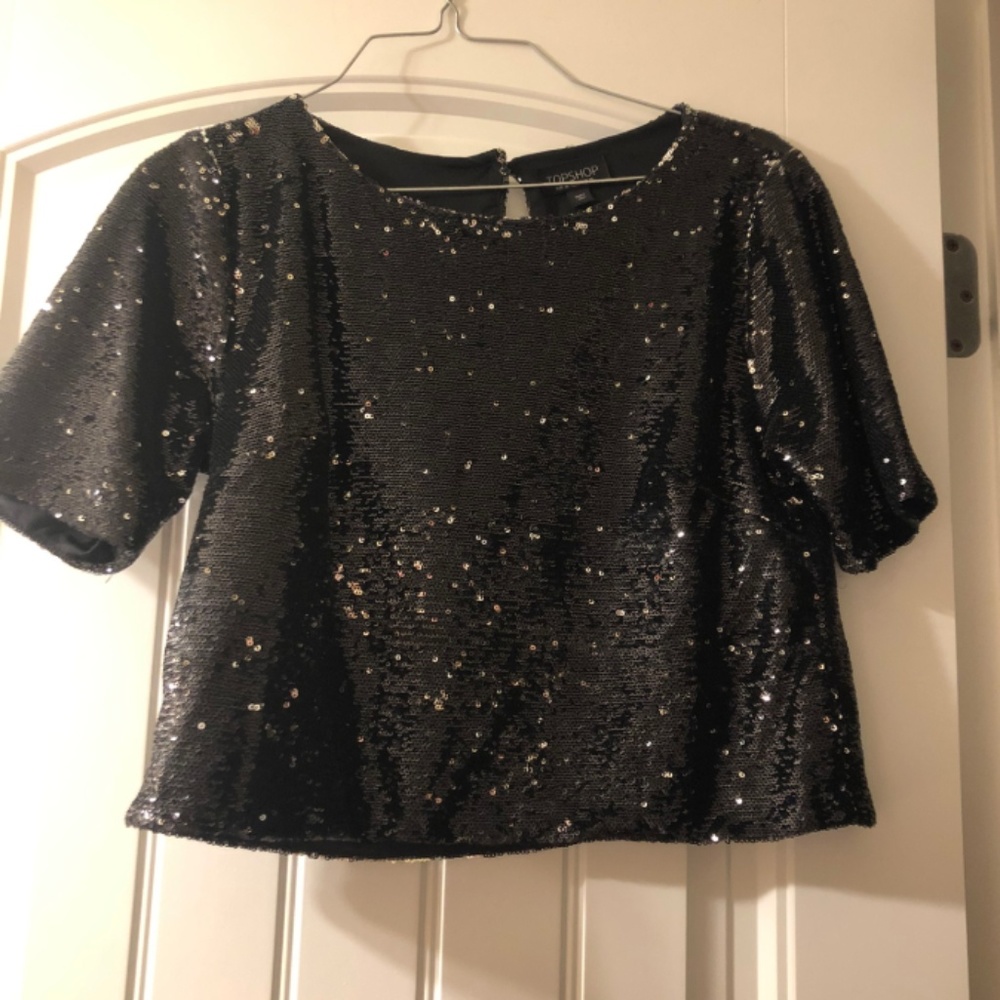 TOP SHOP Black Sequin Crop Top